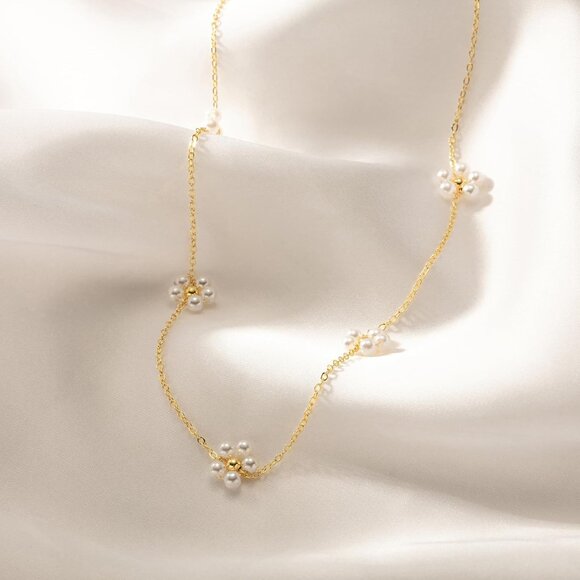 ⚡ Pearl Necklace for Women 14K Gold plated White Gold-plated Dainty Flower - Picture 6 of 7